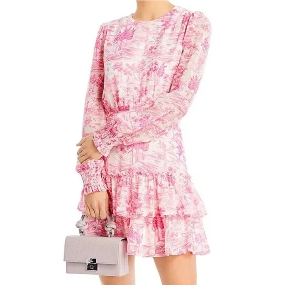 NEW!! Bloomingdale’s exclusive 💕💗 AQUA Toile Printed Ruffled Mini Dress, Sz Med. - Picture 2 of 8